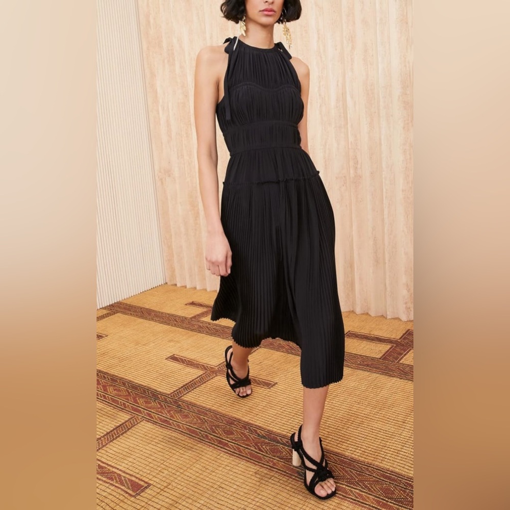 Ulla Johnson Amalthea Noir Black 100% Silk Halter Midi Dress Pleated Size 0 LBD
